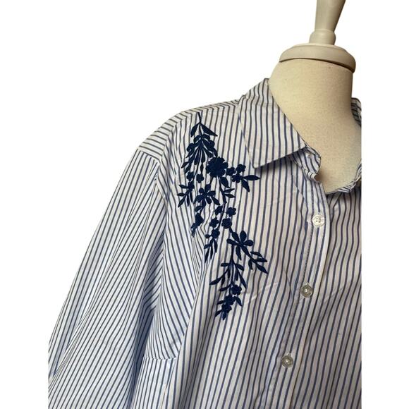 Woman Within NWOT Coastal Stripe Floral Embroidered Button Down Travel Tunic 3X - Picture 4 of 8